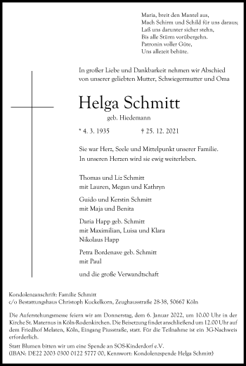 Anzeige von Helga Schmitt von Kölner Stadt-Anzeiger / Kölnische Rundschau / Express