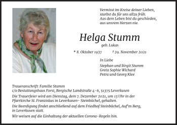 Anzeige von Helga Stumm von Kölner Stadt-Anzeiger / Kölnische Rundschau / Express