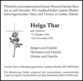 Anzeige von Helga Thar von Kölner Stadt-Anzeiger / Kölnische Rundschau / Express