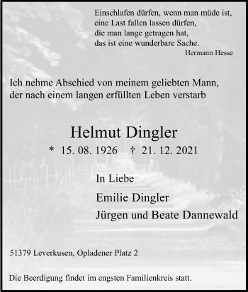 Anzeige von Helmut Dingler von Kölner Stadt-Anzeiger / Kölnische Rundschau / Express