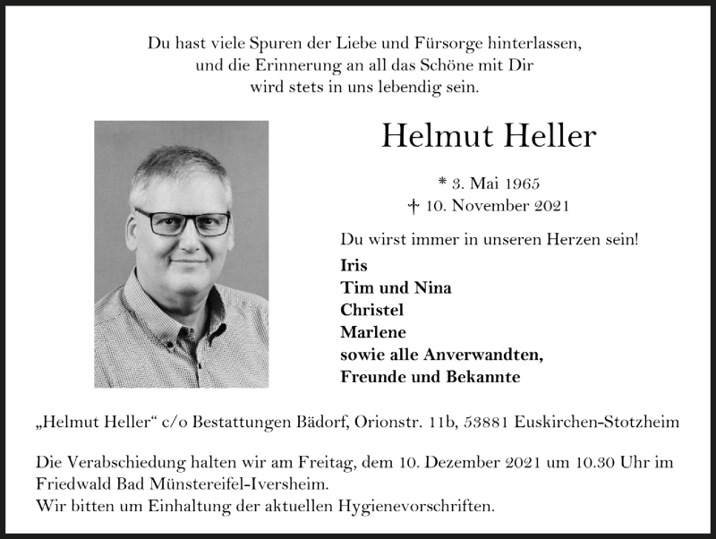  Traueranzeige für Helmut Heller vom 04.12.2021 aus  Blickpunkt Euskirchen 