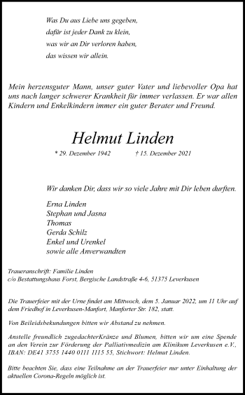 Anzeige von Helmut Linden von Kölner Stadt-Anzeiger / Kölnische Rundschau / Express