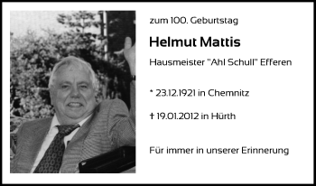 Anzeige von Helmut Mattis von Kölner Stadt-Anzeiger / Kölnische Rundschau / Express