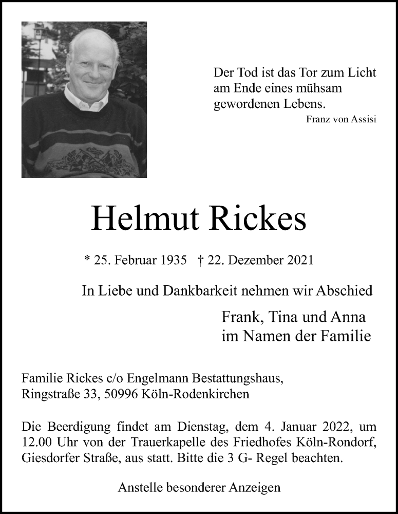  Traueranzeige für Helmut Rickes vom 31.12.2021 aus Kölner Stadt-Anzeiger / Kölnische Rundschau / Express