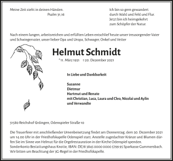 Anzeige von Helmut Schmidt von  Lokalanzeiger 