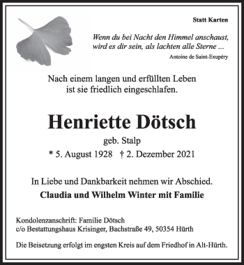 Anzeige von Henriette Dötsch von  Wochenende 