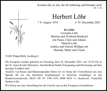 Anzeige von Herbert Löhr von Kölner Stadt-Anzeiger / Kölnische Rundschau / Express