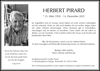 Anzeige von Herbert Pirard von Kölner Stadt-Anzeiger / Kölnische Rundschau / Express