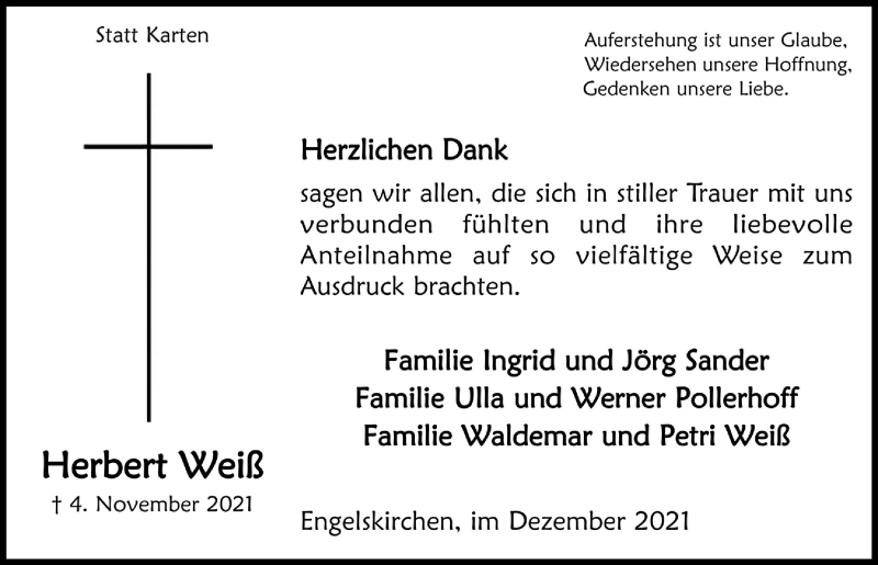  Traueranzeige für Herbert Weiß vom 10.12.2021 aus  Anzeigen Echo 