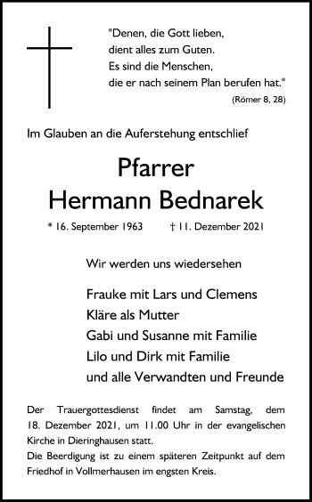 Anzeige von Hermann Bednarek von Kölner Stadt-Anzeiger / Kölnische Rundschau / Express