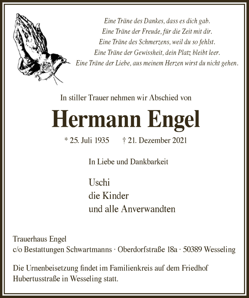  Traueranzeige für Hermann Engel vom 01.01.2022 aus  Schlossbote/Werbekurier 