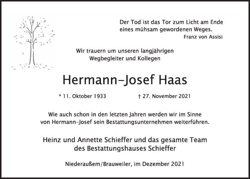  Traueranzeige für Hermann-Josef Haas vom 03.12.2021 aus  Werbepost 
