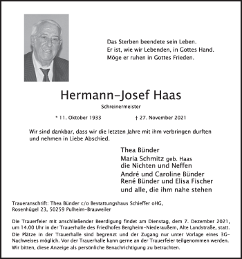 Anzeige von Hermann-Josef Haas von  Werbepost 