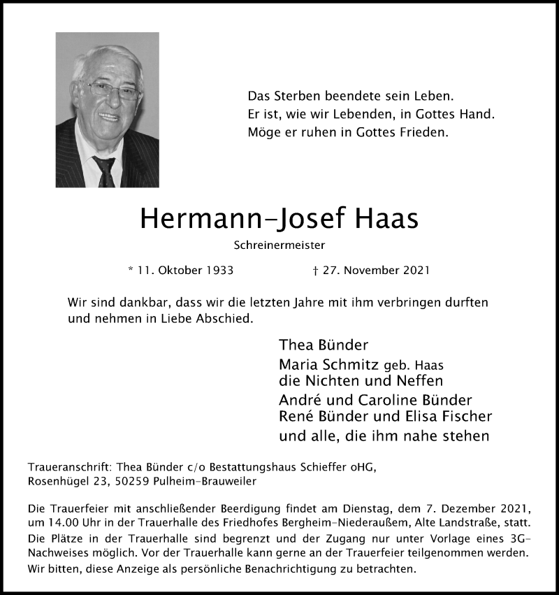  Traueranzeige für Hermann-Josef Haas vom 04.12.2021 aus Kölner Stadt-Anzeiger / Kölnische Rundschau / Express