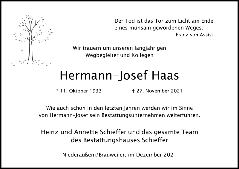 Traueranzeige für Hermann-Josef Haas vom 04.12.2021 aus Kölner Stadt-Anzeiger / Kölnische Rundschau / Express