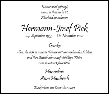 Anzeige von Hermann-Josef Pick von Kölner Stadt-Anzeiger / Kölnische Rundschau / Express