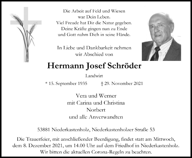  Traueranzeige für Hermann Josef Schröder vom 04.12.2021 aus  Blickpunkt Euskirchen 