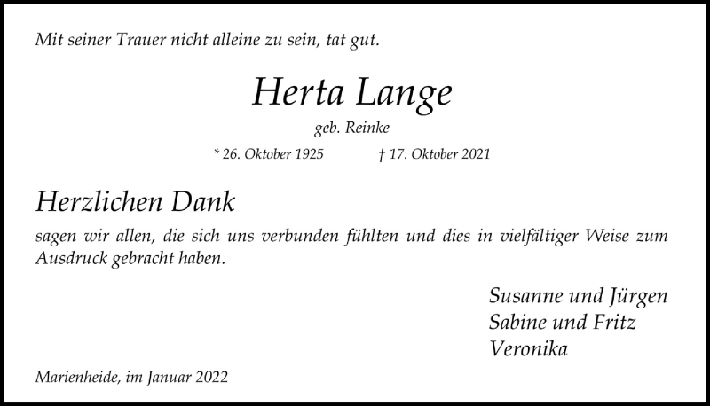 Traueranzeige für Herta Lange vom 01.01.2022 aus  Anzeigen Echo 