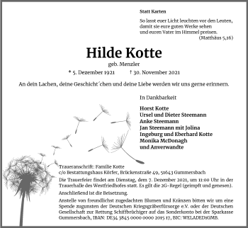 Anzeige von Hilde Kotte von Kölner Stadt-Anzeiger / Kölnische Rundschau / Express