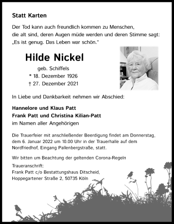 Anzeige von Hilde Nickel von Kölner Stadt-Anzeiger / Kölnische Rundschau / Express