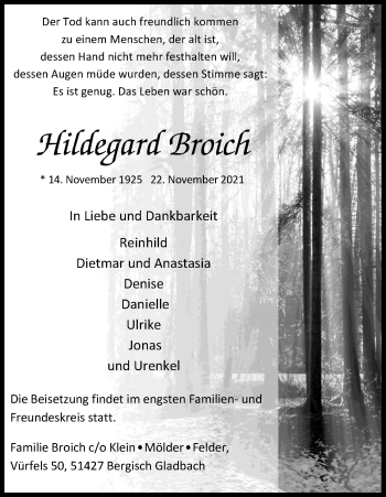 Anzeige von Hildegard Broich von Kölner Stadt-Anzeiger / Kölnische Rundschau / Express