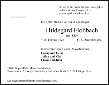 Anzeige von Hildegard Floßbach von Kölner Stadt-Anzeiger / Kölnische Rundschau / Express