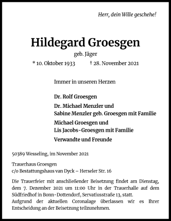 Anzeige von Hildegard Groesgen von Kölner Stadt-Anzeiger / Kölnische Rundschau / Express