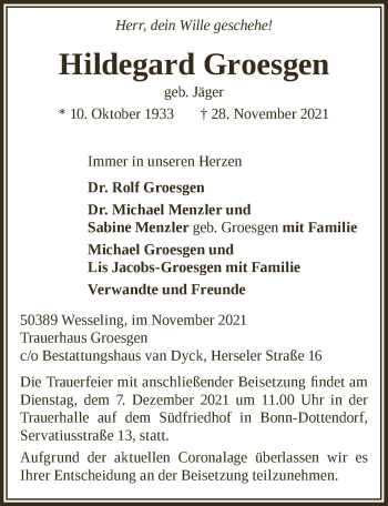 Anzeige von Hildegard Groesgen von  Schlossbote/Werbekurier 