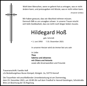 Anzeige von Hildegard Hoß von Kölner Stadt-Anzeiger / Kölnische Rundschau / Express
