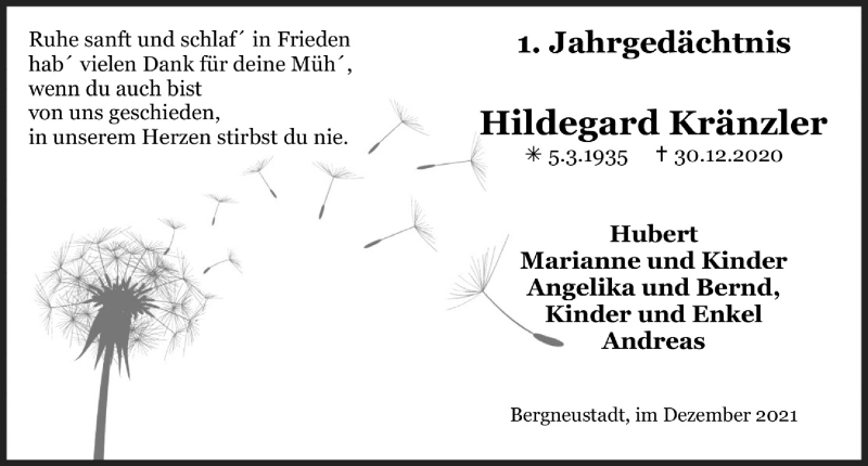  Traueranzeige für Hildegard Kränzler vom 01.01.2022 aus  Anzeigen Echo 