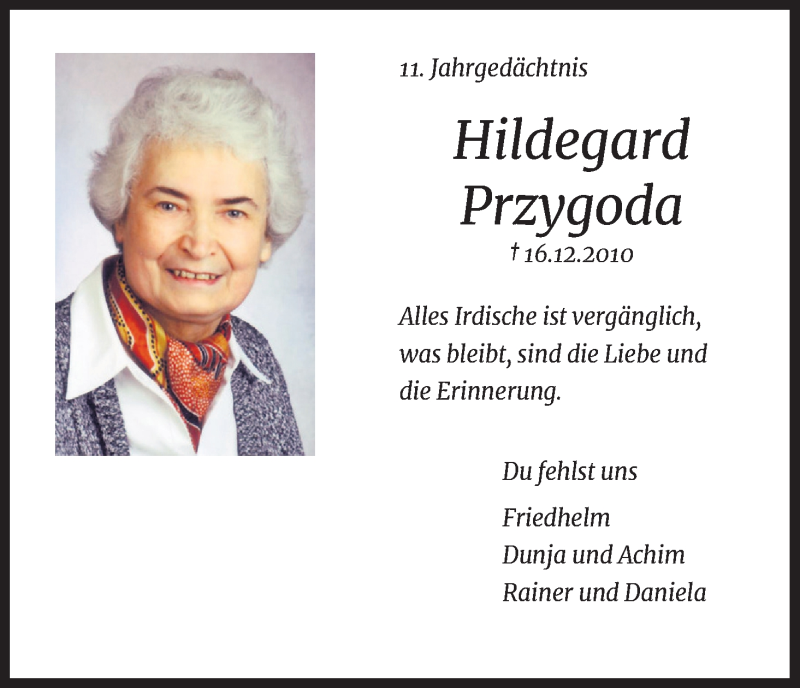  Traueranzeige für Hildegard Przygoda vom 16.12.2021 aus Kölner Stadt-Anzeiger / Kölnische Rundschau / Express