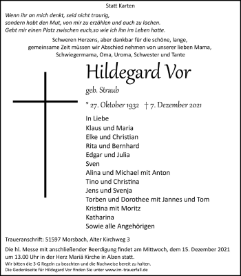 Anzeige von Hildegard Vor von  Lokalanzeiger 