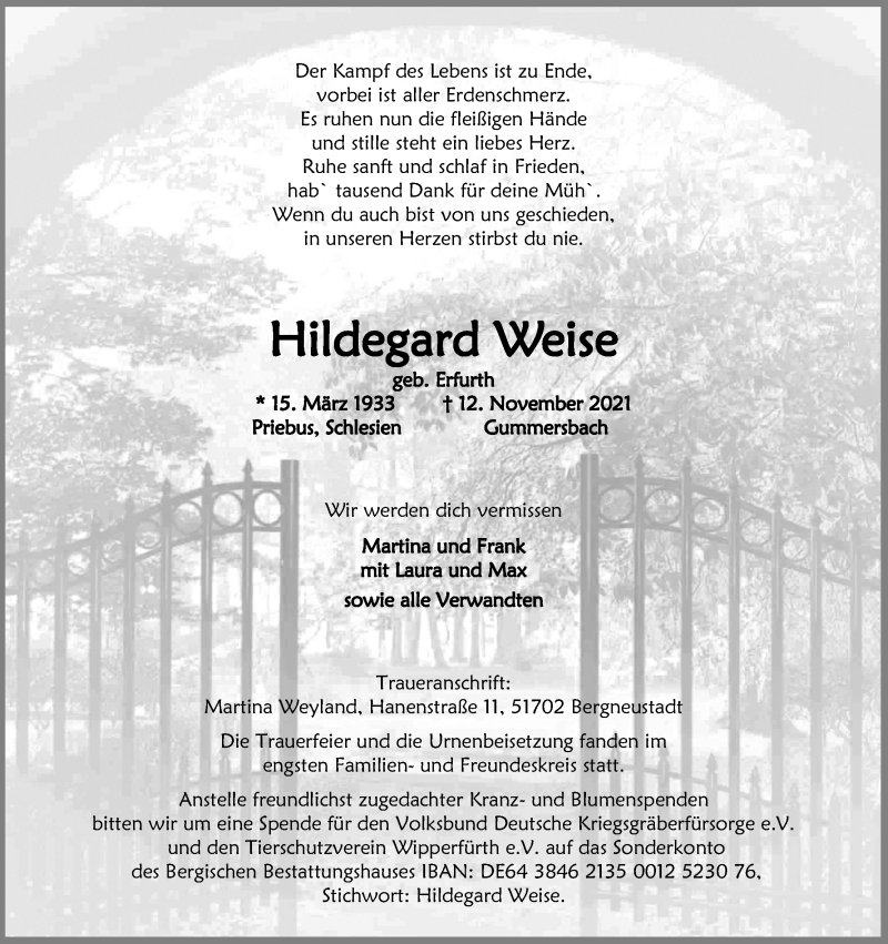  Traueranzeige für Hildegard Weise vom 04.12.2021 aus Kölner Stadt-Anzeiger / Kölnische Rundschau / Express