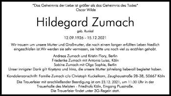 Anzeige von Hildegard Zumach von Kölner Stadt-Anzeiger / Kölnische Rundschau / Express