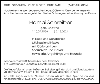 Anzeige von Homai Schreiber von Kölner Stadt-Anzeiger / Kölnische Rundschau / Express