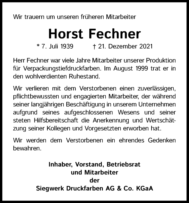  Traueranzeige für Horst Fechner vom 27.12.2021 aus Kölner Stadt-Anzeiger / Kölnische Rundschau / Express