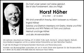 Anzeige von Horst Höher von Kölner Stadt-Anzeiger / Kölnische Rundschau / Express