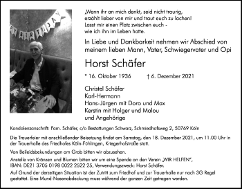 Anzeige von Horst Schäfer von Kölner Stadt-Anzeiger / Kölnische Rundschau / Express