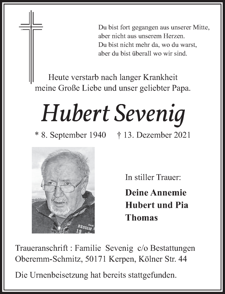  Traueranzeige für Hubert Sevenig vom 27.12.2021 aus  Werbepost 