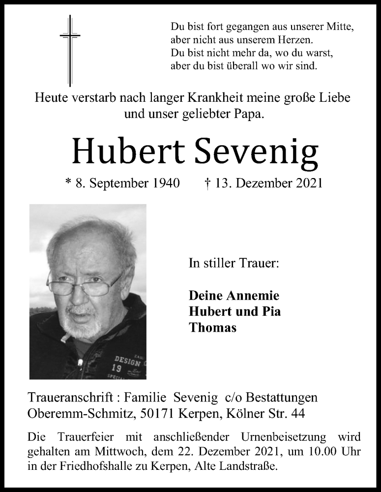  Traueranzeige für Hubert Sevenig vom 18.12.2021 aus Kölner Stadt-Anzeiger / Kölnische Rundschau / Express