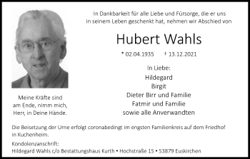 Anzeige von Hubert Wahls von Kölner Stadt-Anzeiger / Kölnische Rundschau / Express