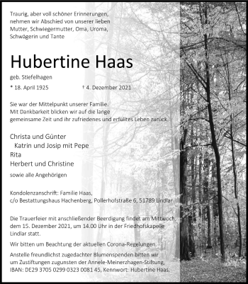 Anzeige von Hubertine Haas von  Anzeigen Echo 