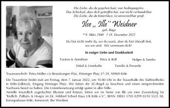 Anzeige von Ilse Weidner von Kölner Stadt-Anzeiger / Kölnische Rundschau / Express