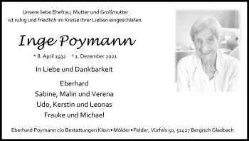 Anzeige von Inge Poymann von Kölner Stadt-Anzeiger / Kölnische Rundschau / Express