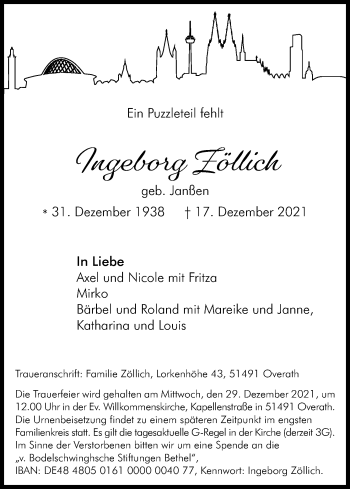 Anzeige von Ingeborg Zöllich von Kölner Stadt-Anzeiger / Kölnische Rundschau / Express