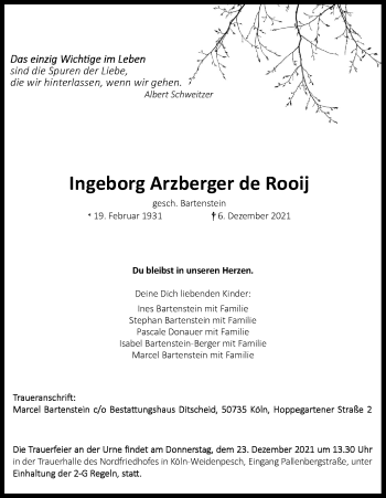 Anzeige von Ingeborg Arzberger de Rooij von Kölner Stadt-Anzeiger / Kölnische Rundschau / Express