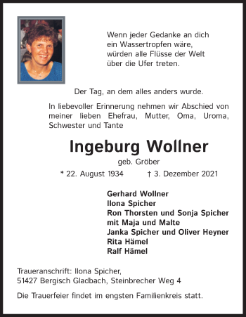 Anzeige von Ingeburg Wollner von Kölner Stadt-Anzeiger / Kölnische Rundschau / Express