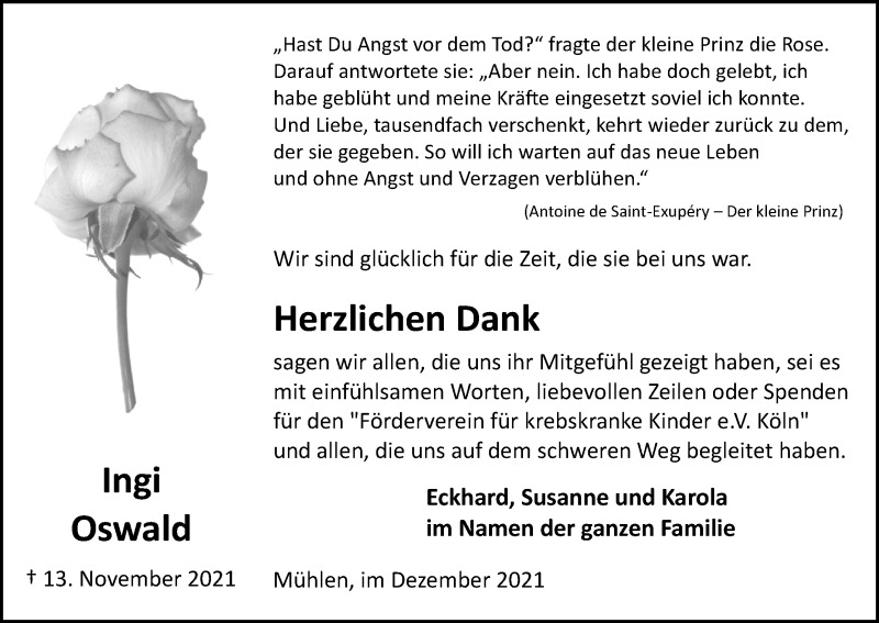  Traueranzeige für Ingi Oswald vom 29.12.2021 aus Kölner Stadt-Anzeiger / Kölnische Rundschau / Express