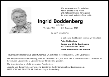 Anzeige von Ingrid Boddenberg von Kölner Stadt-Anzeiger / Kölnische Rundschau / Express