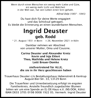 Anzeige von Ingrid Deuster von Kölner Stadt-Anzeiger / Kölnische Rundschau / Express